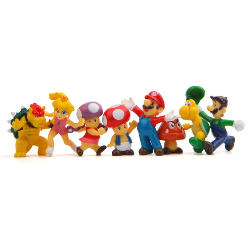 8pcs/lot Super Mario Bros Figure Toy PVC Mario Luigi Bowser Kinopio Peach Koopa Action Figure Model Toy Home Decoration Gift