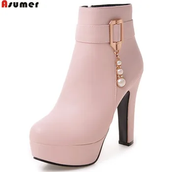 

ASUMER fashion new women boots zipper round toe ladies boots black pink beige platform Keep warm ankle boots big size 32-45
