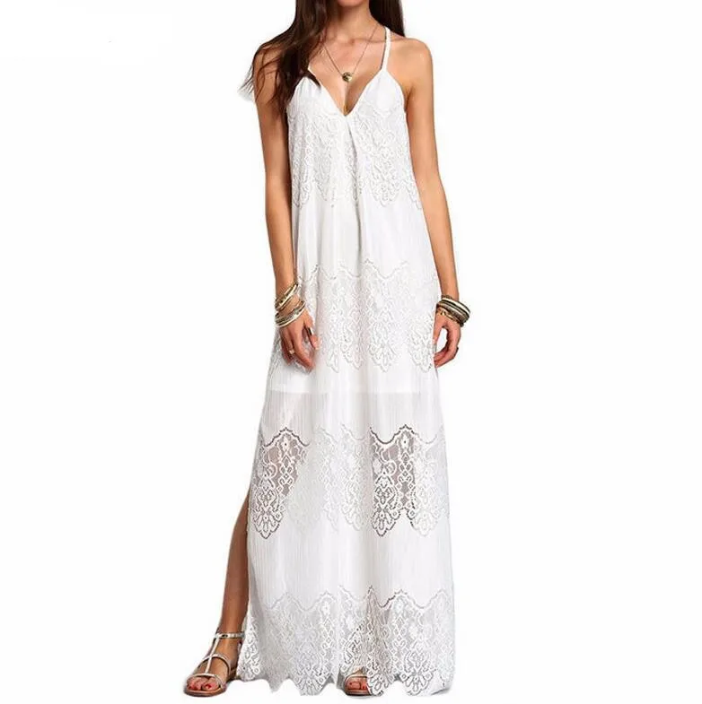 Плюс размер 4XL 5XL белое кружевное хиппи бохо длинное платье для пляжного отдыха сексуальное лоскутное Макси платье с v-образным вырезом летние платья для вечеринок Vestidos