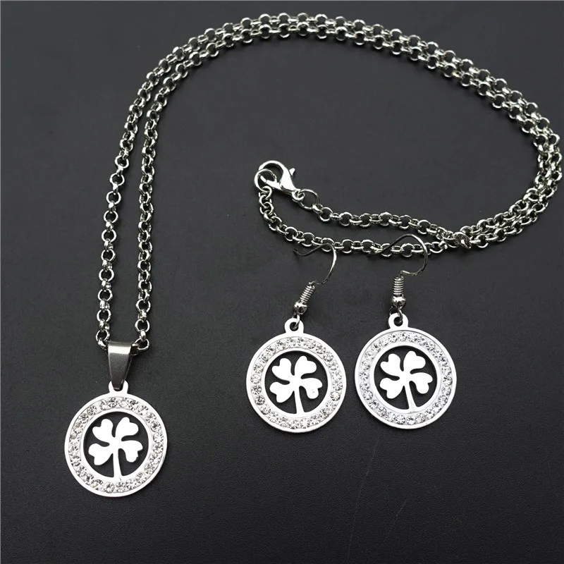

4 Leaf Clover Stainless Steel Jewelry Set Clay Inlaid Rhinestone Necklace Earrings For Women Girls