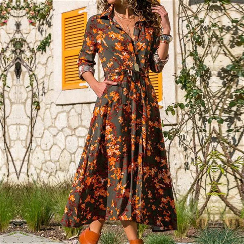 

Women Casual Loose Button Dresses Long Shirt Dress Long Sleeve Evening Party Maxi Dress Robe Womens Longue Vestito lungo New