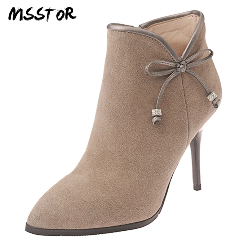 

MSSTOR Butterfly-knot Black Thigh High Boots Fashion Casual Cow Suede Pointed Toe Pumps Shoes Women Thin Heels Winter Boots