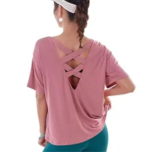 Женский однотонный спортивный топик для йоги, свободная Спортивная футболка с короткими рукавами, быстросохнущая футболка для бега, одежда для йоги, рубашка, Топ для йоги