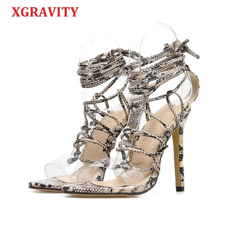 XGRAVITY 2019 Strap Shoes Hollow Women Snakeskin Sandals High Heel Pumps Sexy Woman Fashion High Heels Thin Heels Sandals A123
