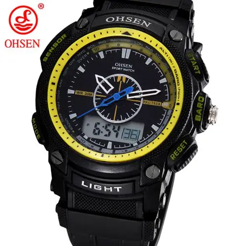 Montre Homme OHSEN Relogio, цифровые часы для мужчин, мужские, 30 м, для плавания, военные наручные часы, будильник, дата, секундомер, аналоговые часы, мужские спортивные часы - Цвет: Цвет: желтый