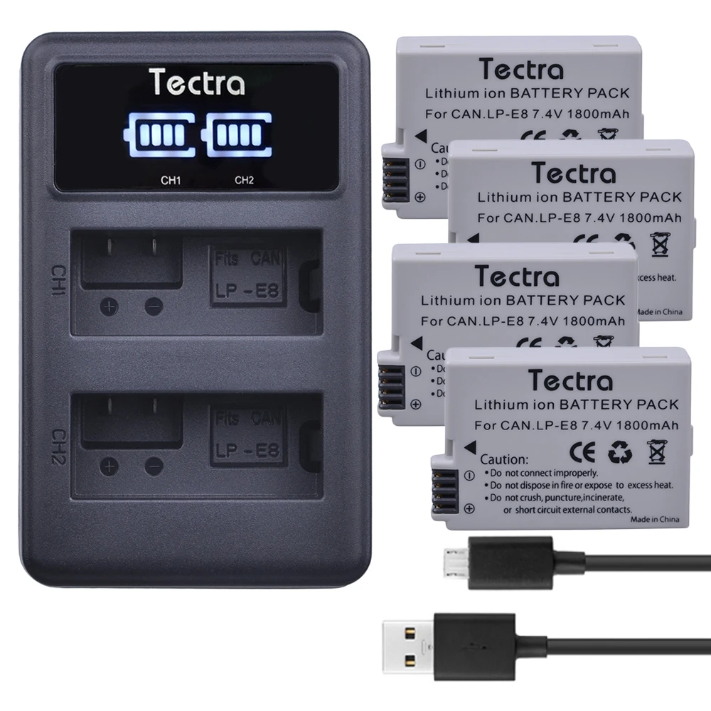 

Tectra 4x1800 мАч LP-E8 LPE8 LP E8 литий-ионный Камера Bateria + LED Дисплей USB двойной Зарядное устройство для Canon EOS 550D 600D 650D 700D