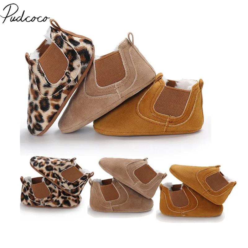 

2018 Brand New Toddler Newborn Baby Boy Girl Leather Soft Sole Crib Shoes Sneakers Prewalker Leopard Solid Warm First Walkers