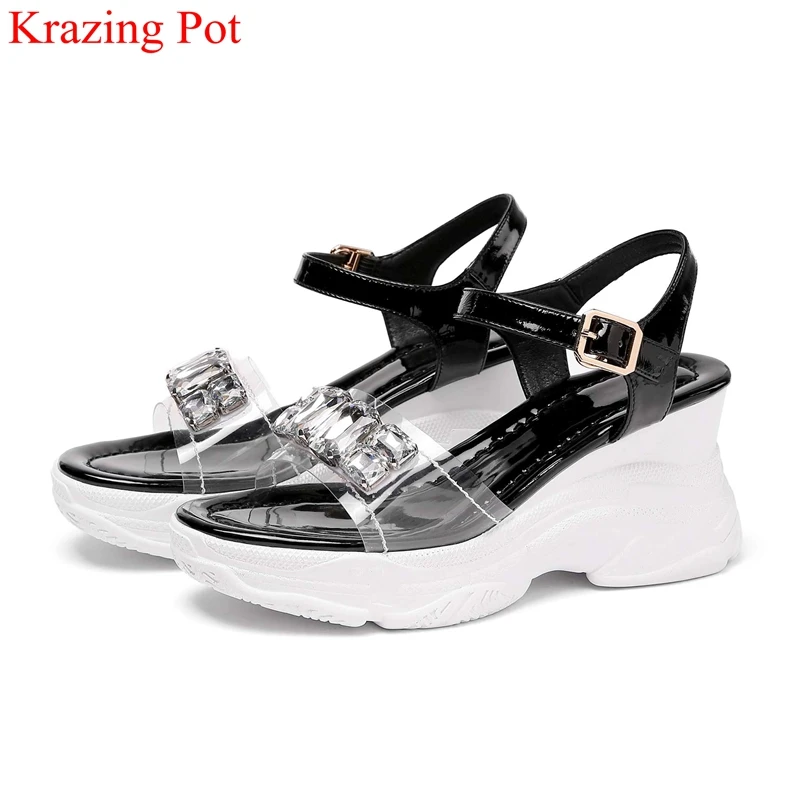 

Krazing Pot big size fashion high heels peep toe brand platform rhinestone women sandals buckle strap concise summer shoes L2f1