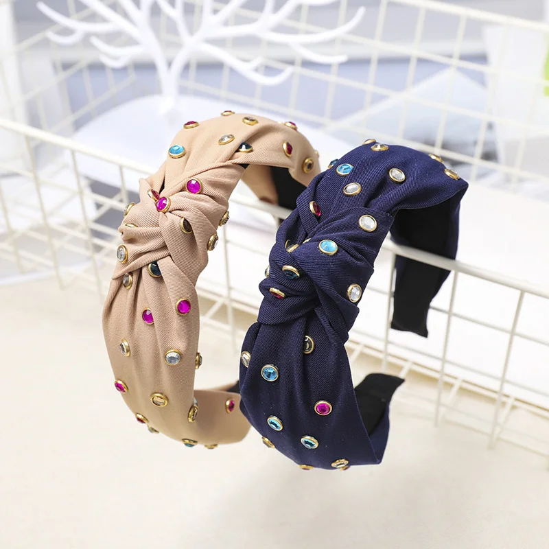 

Korean fashion bow knotted hairband colorful crystal headband wide side bohemian headdress women girls wedding hair accessories