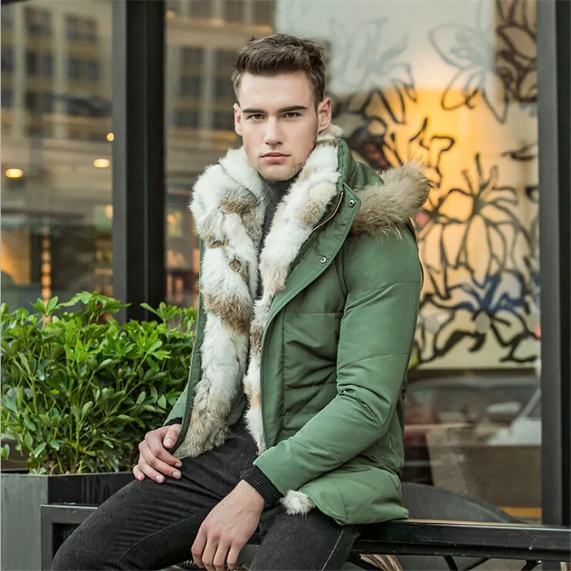 Пуховое пальто с капюшоном для пары, средней длины, с кроличьим мехом, на молнии, верхняя одежда для мужчин, новая мода, большой меховой воротник, уплотненная теплая куртка A2531 - Цвет: green