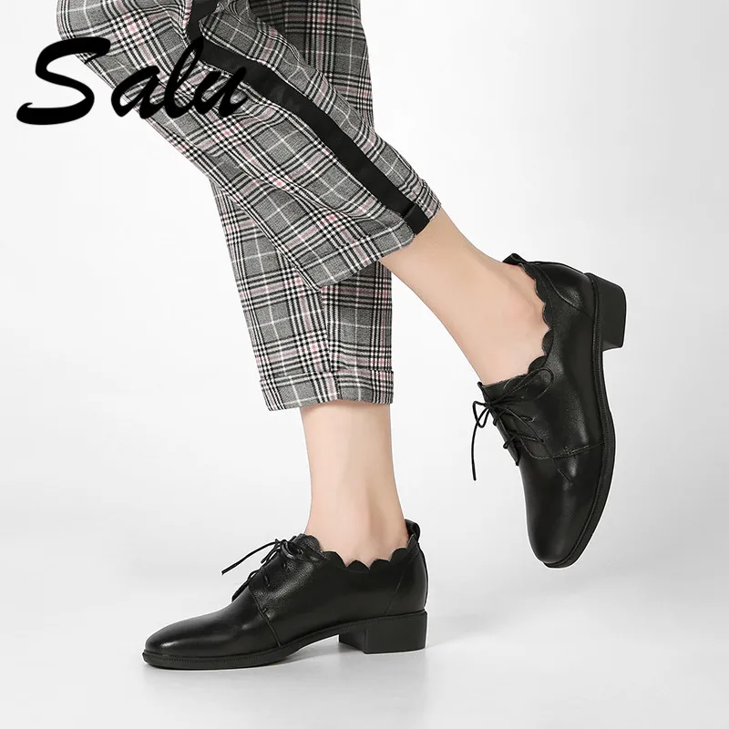 

Salu 2019 New fashion high heels pumps square toe genuine leather shoes women ladies Sexy chaussure femme