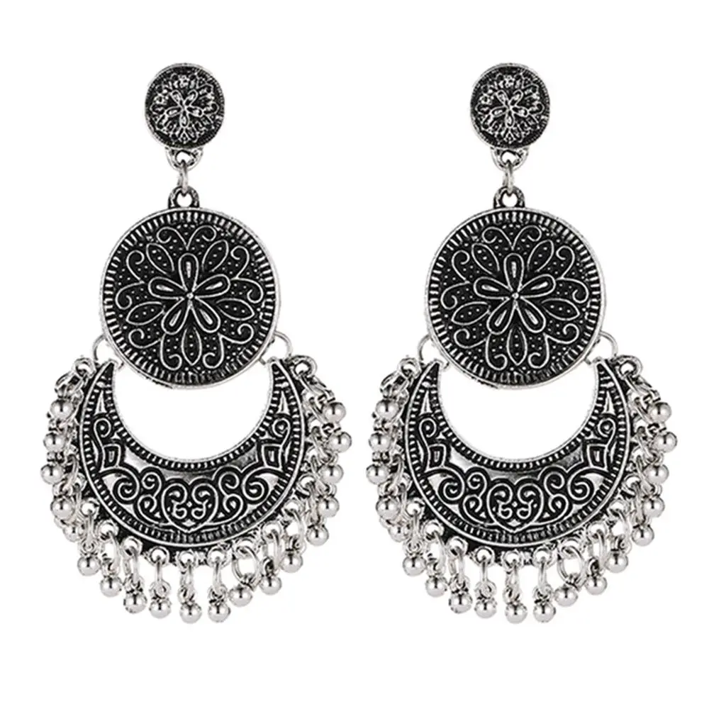 Богемные винтажные этнические резные цветочные Подвесные серьги с кисточкой для женщин, индийские ювелирные изделия Jhumka Jhumki - Окраска металла: silver