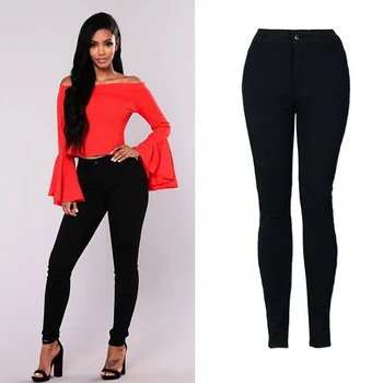 

2018 Long sexy Jeans Women office lady Basic Classic High Waist Skinny Pencil black Denim Pants Zipper Elastic Stretch Jeans