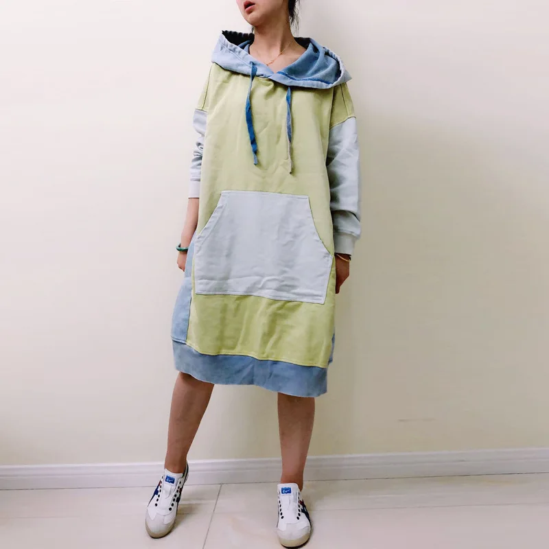 Над размером с капюшоном платье японский Harajuku лоскутное длинные толстовки Толстовка повседневные трикотажные свободные пуловеры размера плюс Ретро Халат