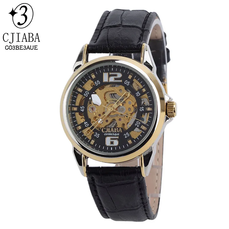 

CJIABA Watch Mechanical Skeleton Movement Automatic Men Wrist Watches Leather Belt Black White Dial 3Bar Waterproof New 2016
