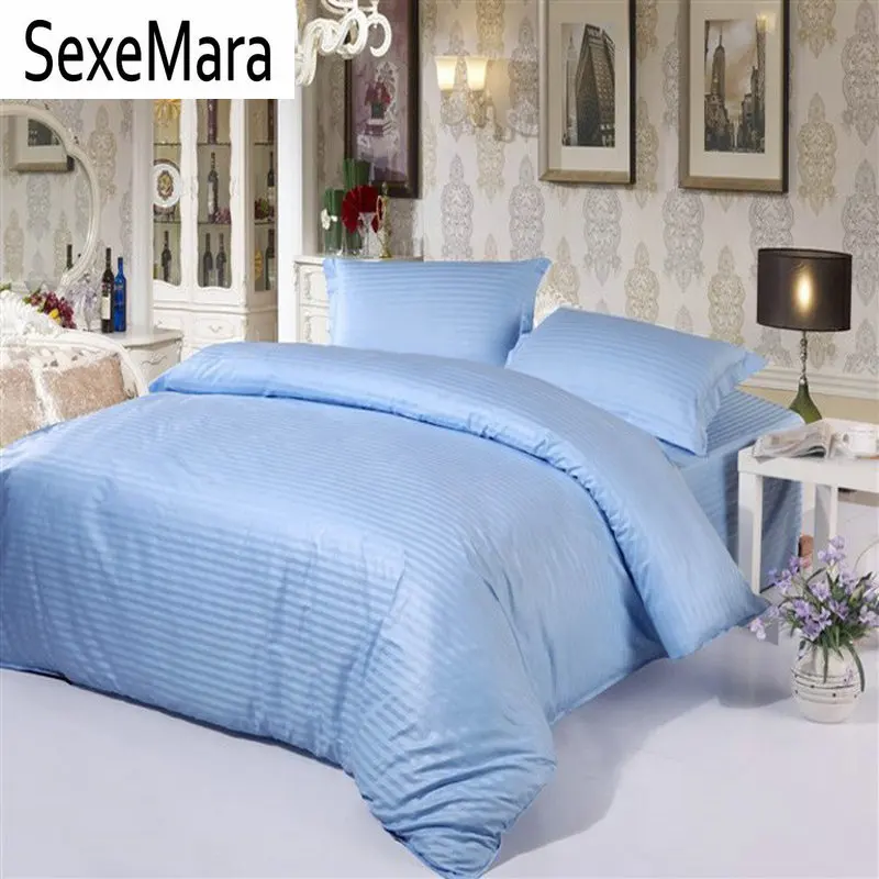 

1cm Streak Sky blue bedding set home textile queen/king size 4pc solid color Hotel quilt/duvet cover bed linen bedclothes cotton