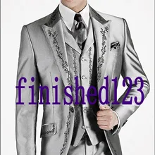 На заказ одна кнопка серебристо-серая вышивка жениха смокинги друзей жениха Мужские свадебные костюмы выпускного вечера(куртка+ брюки+ жилет+ галстук) K: 483