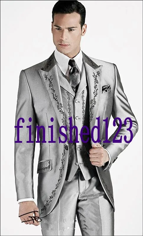 Skup Custom Made One Button Srebrnoszary Haft Groom Smokingi Groomsmen męska Wedding Prom Garnitury (Kurtka + Spodnie + kamizelka + Krawat) K 483