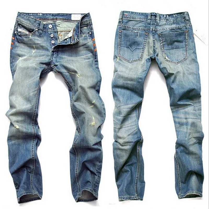 

2017 New Arrival Zipper Fly Midweight Stripe Regular Men Jeans Denim Pants Punk Distressed Frayed Long Brief Male Trousers