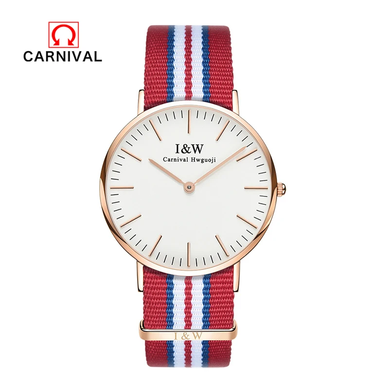 

Carnival 2018 Women Watch Top Brand Waterproof Stainless Steel Quartz Wristwatches Blue And Red Nylon Cloth Strap Watches