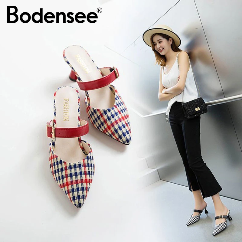 

BODENSEE Women Slippers Pointed Toe Mules Slip On High Heel Shoes Sandals Summer Mules Pumps Shoes