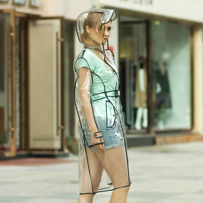 transparent ladies long raincoat women female belt rain coat Outdoor waterproof travel rain coat Fashion show (10)