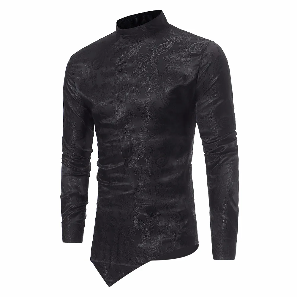 Fashion Paisley Shirt Men 2018 Personality Oblique Button Irregular Casual Dress Shirt Mens Mandarin Collar Long Sleeve Shirts