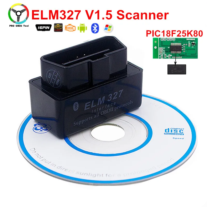Супер Мини ELM327 V1.5 Диагностический сканер PIC18F25K80 чип 12 языков работает мульти-автомобили ELM 327 OBD2 CAN-BUS диагностический инструмент - Цвет: Черный