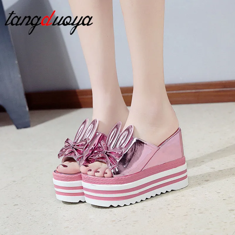 

Women Slipper High Heel Platform Women Bowtie Bowknot Leather Slippers Outside Slides Ladies Beach Wedges Flip Flops High Heel