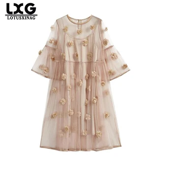 

lotusxinagMaternity New Spring Summer Round Neck Long Sleeve Black Flower Three-dimensional Perspective Dress Women Fashion Tide