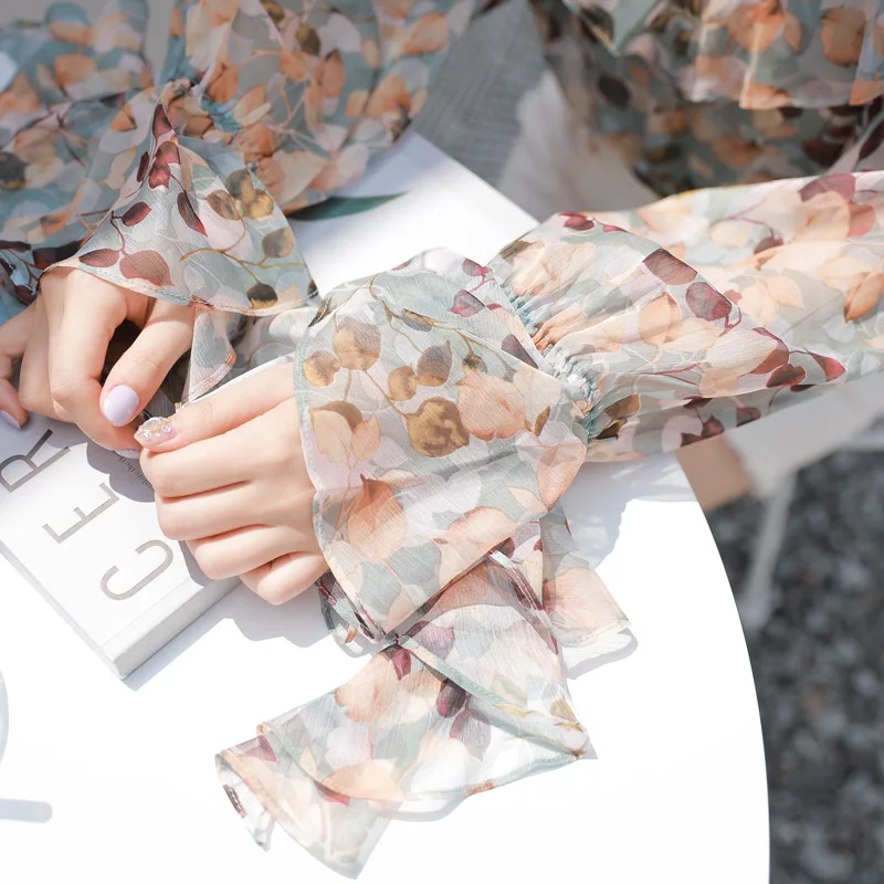 

shirts women clothes 2018 new women's spring trumpet sleeve floral chiffon shirt see through top women sexy shirt Floral