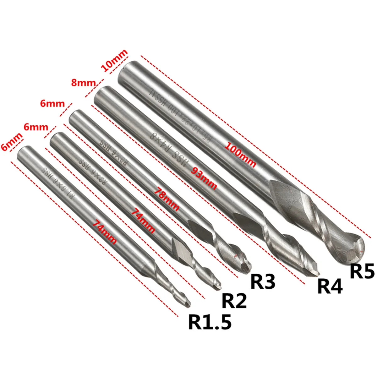 R1.5-5 2 флейты сферические концевые фрезы с прямым хвостовиком R1.5/R2/R3/R4/R5 Фрезы с ЧПУ