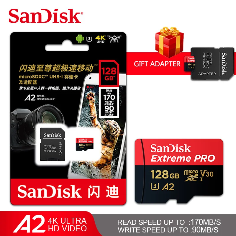 

High Speed Sandisk Extreme Pro Micro SD Card up to 170MB/s A2 V30 U3 64GB 128GB Sandisk TF Card Memory Card With SD Adapter