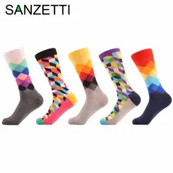 SANZETTI 5 пара/лот Для мужчин Аргайл заполненные оптические красочные чесаный хлопковые носки Cool узор индивидуации уличная мода носки