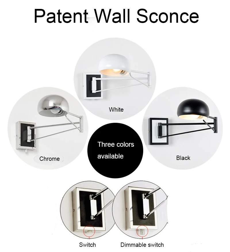 Патент две руки современный настенный светильник бра для спальни растягивающаяся лампа с черным/белым/хромированным цветным средним гнездом E27/E26