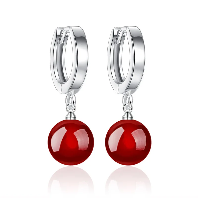 

Real 925 Sterling Silver Hypoallergenic Hoop Earrings Loop Hoogies Small Natural Red Round Stone Hanger Earrings Female SE115