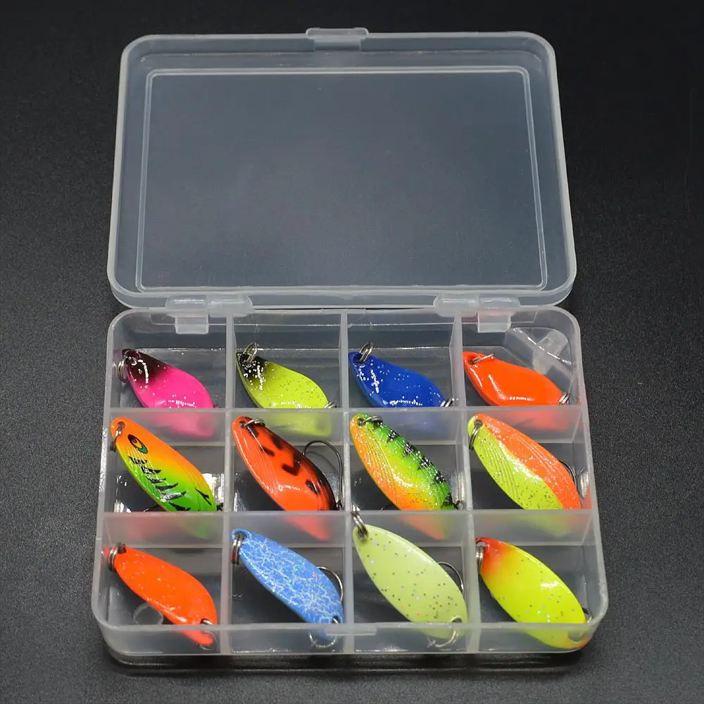 WLDSLURE 12pcs mixed 3g/4.5g/5g fishing box metal bait spoon lure set trout lure fishing tackle