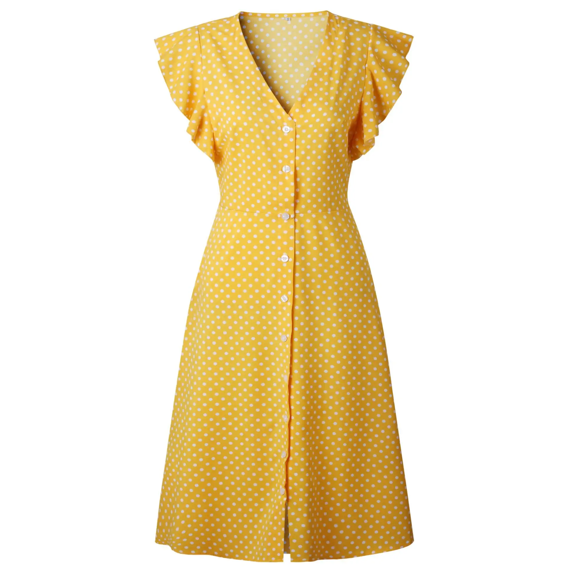 Новое платье в горошек с рукавами-бабочками лотоса, женское платье с v-образным вырезом и коротким рукавом длиной до колен, платье трапециевидной формы для женщин, Повседневное платье размера плюс, платье-туника - Цвет: Yellow