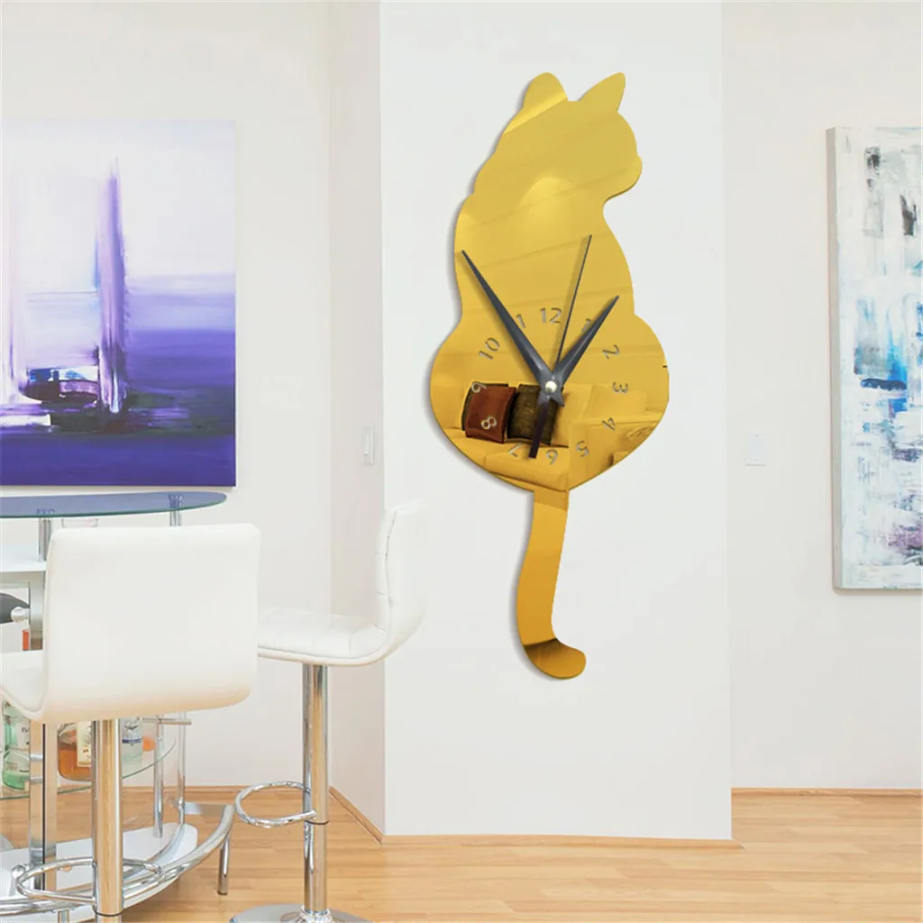 3D Творческий Кот из мультфильма настенные часы современный дизайн моделирование акриловые зеркальные часы украшение для дома настенные часы horloge murale