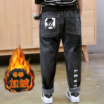 

Winter Boys Jean Pants Velvet Lined Cartoon Dog Denim Trousers Kids Casual Straight Elastic Waist Height 100-160cm