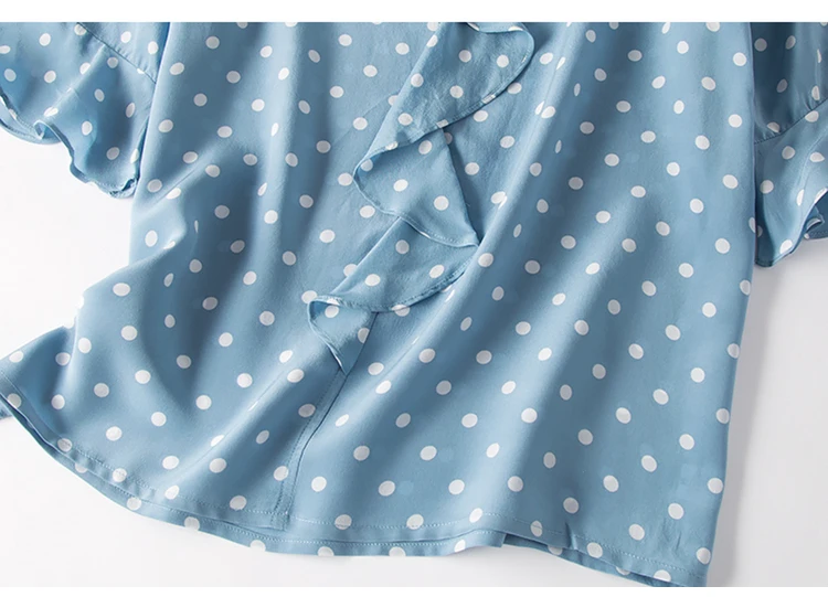 Женская блузка, натуральный шелк, креп, синий горошек, с принтом, блузка, рубашка, половина рукава, Бабочка, v-образный вырез, блузки,, летняя рубашка