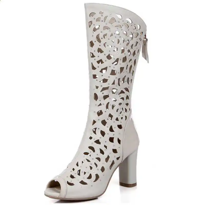 

2016 Genuine Leather+PU Shoes Cut-outs Design Half Knee Boots Summer Boots Rhinestone Zip Med Square Heels Less Platform Shoes