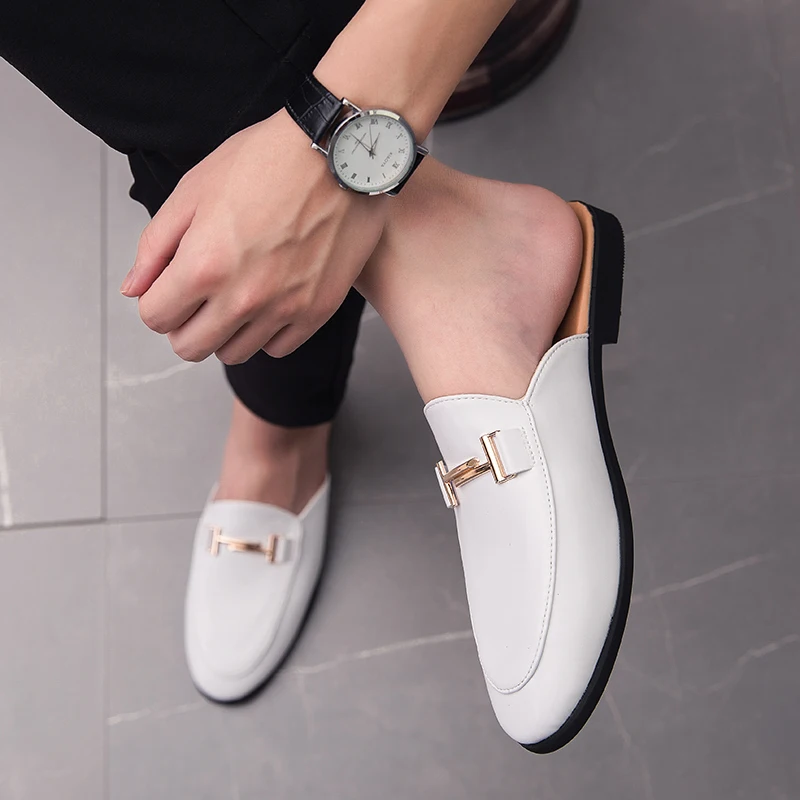 Summer 2019 Casual Adult Shoes White Black Fashion Footwear For Men Slip-on Pu Leather Shoes Man Half Drag Young Casual Shoes Summer 2019 Casual Adult Shoes White Black Fashion Footwear For Men Slip-on Pu Leather Shoes Man Half Drag Young Casual Shoes