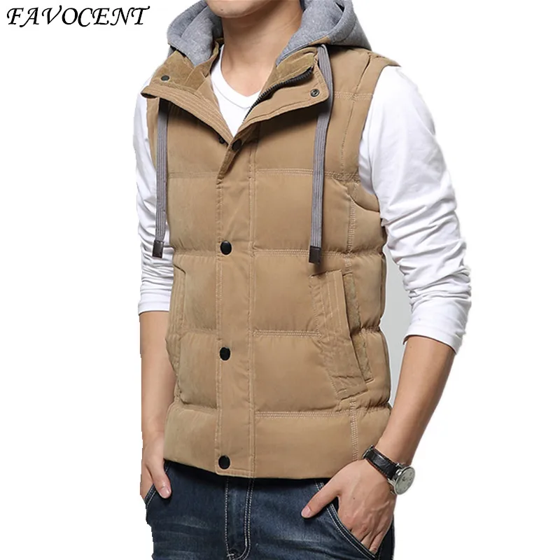 Casual Men Vest Men Slim Fit 2017 Hot Sale Waistcoat Hat Detachable Hooded Winter Warm Windbreak