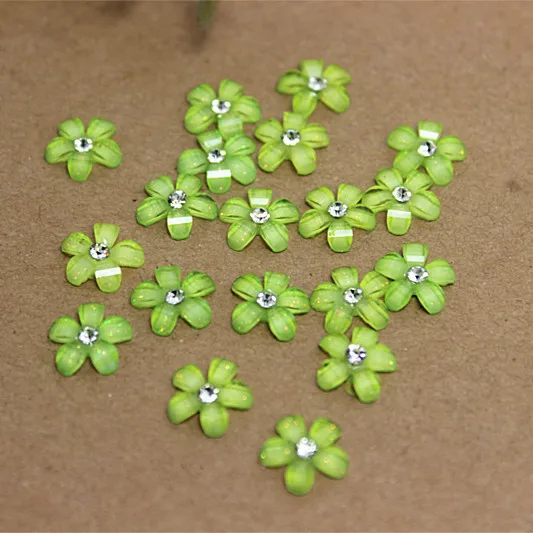 

100pcs/lot 10mm cute light green resin flower with rhinestone flatback cabochon for DIY phone,nail art decoration