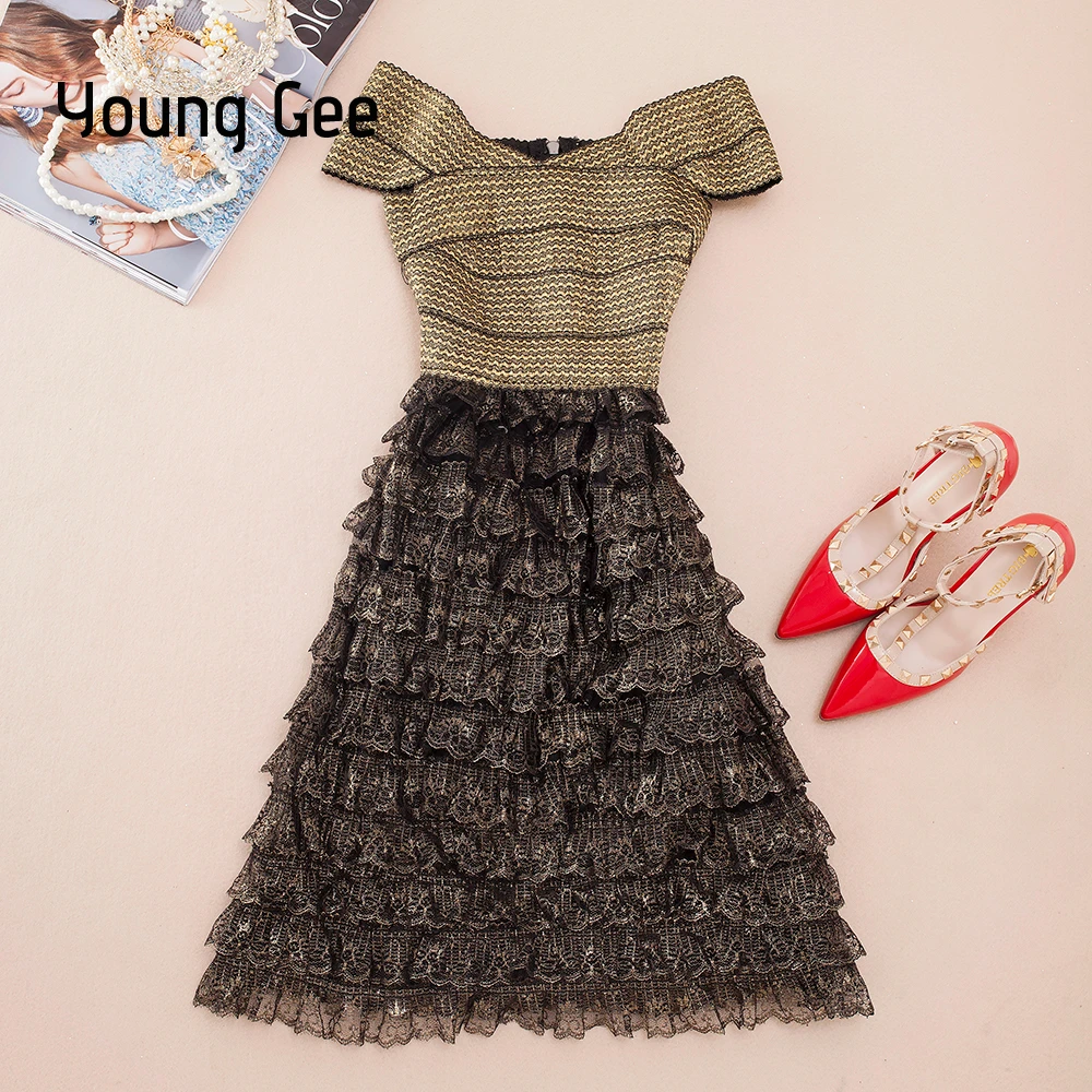 

YoungGee Women Off The Shoulder Mini Stretch Bandage Dresses Sexy Wrapped Chest Elegant Lace Cake Christmas Party Dress vestidos