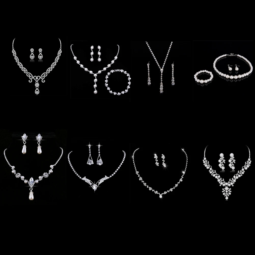 

Elegant Simulated Pearl Bridal Jewelry Sets Wedding Jewelry Leaf Crystal Silver Plated Necklaces Earrings Sets