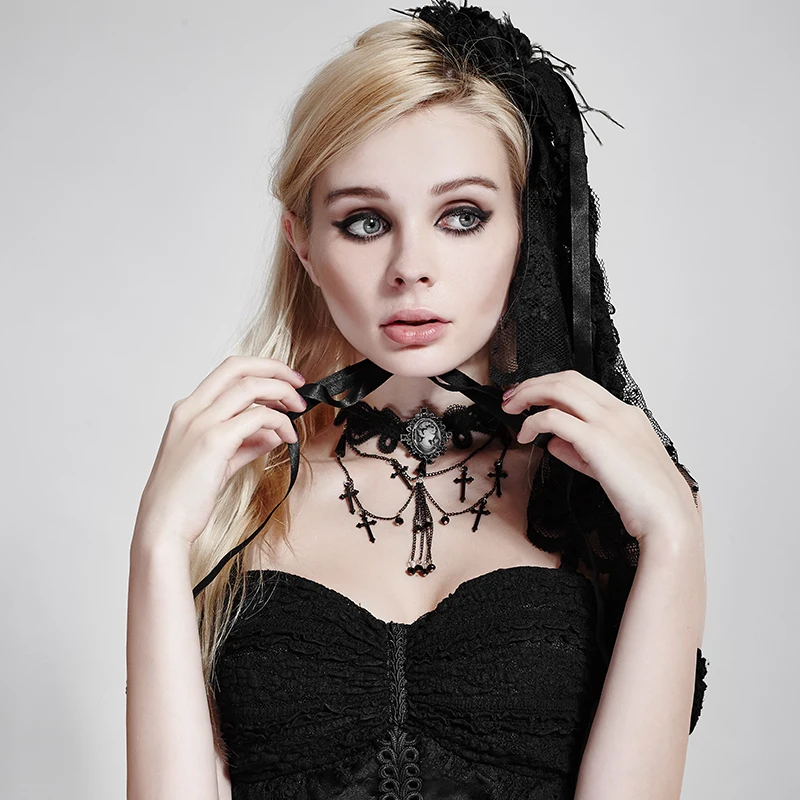 

2018 New Gothic Cross Necklace Black Cross Beaded Short Collar Ladies Party Jewelry Can Be Used As Headwear Clothing Accessories