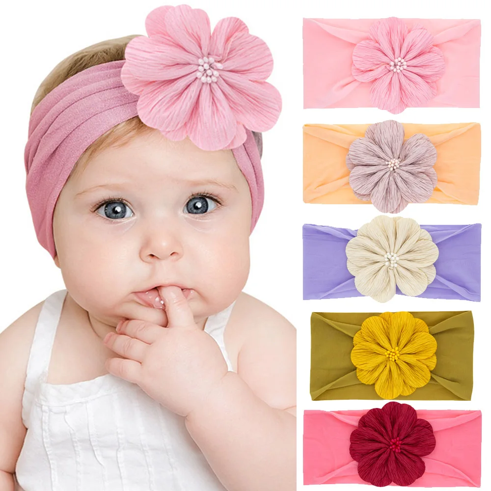 

2019 New Flower Headband Soft Nylon Elastic Wide Head Wraps Wrinkle Floral Hair Bands For Girls Children Hair Accessories