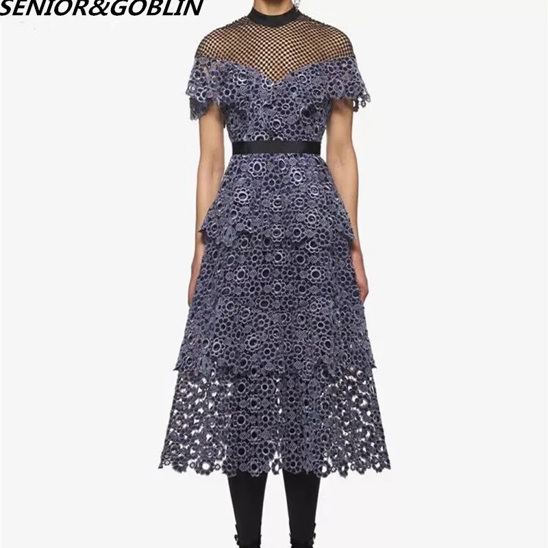 

Self Portrait Runway Women Party Dress 2019 Designer Luxury Autumn Embroidery Lace Hollow Out Short Sleeve Stand Collar Dresses